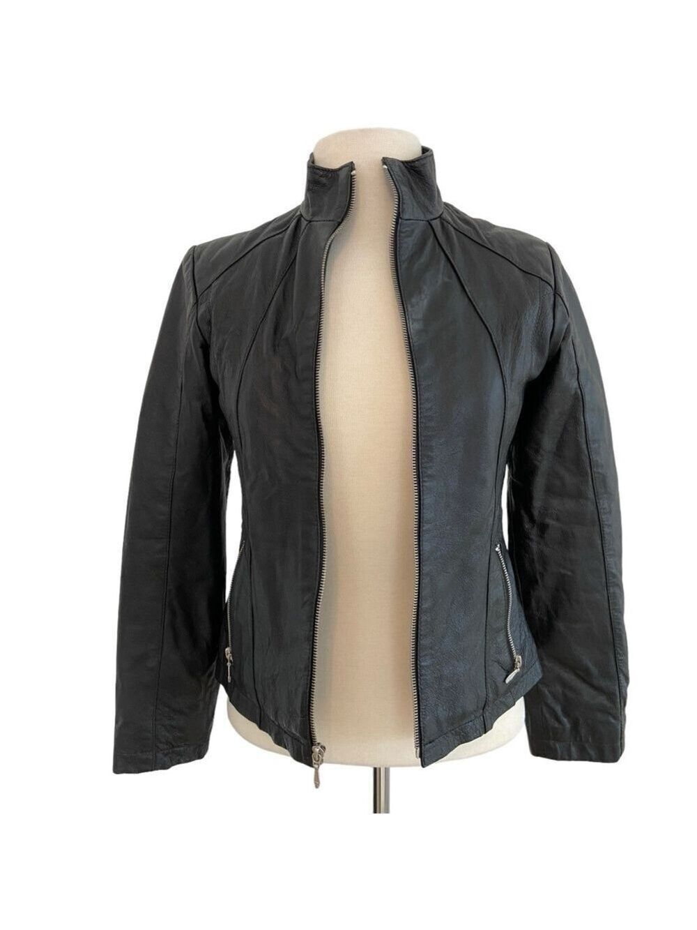 Bazik Casual soft genuine leather fitted jacket black quilted liner zipper small
